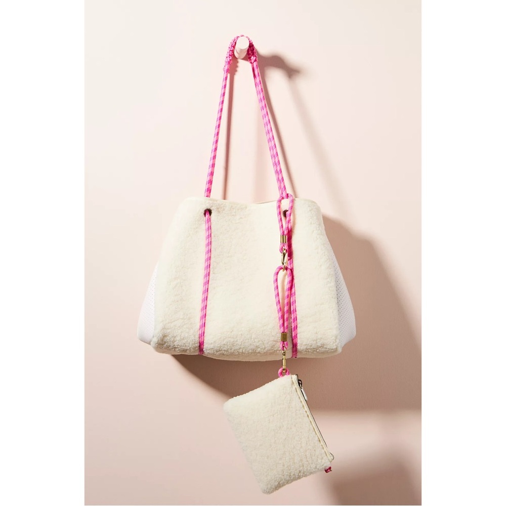 Anthropologie Annie Faux Sherpa Tote Bag in Crema with Pink Cord Handle